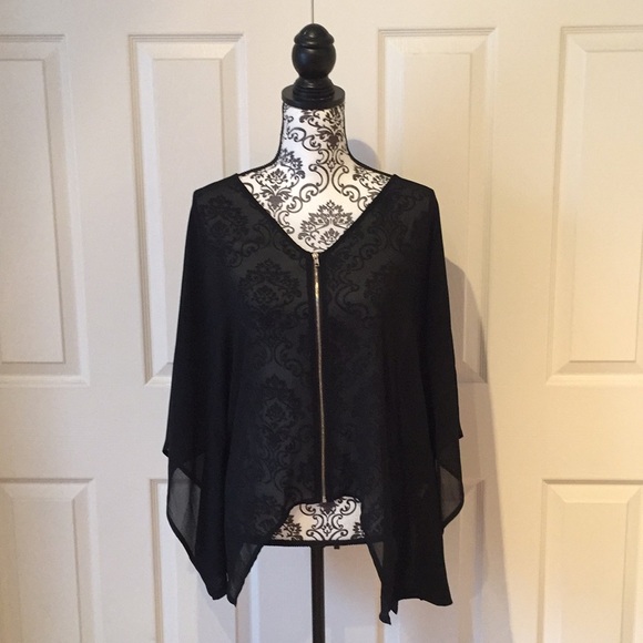 Naked Zebra Tops - Black Sheer Wide-Sleeve Blouse